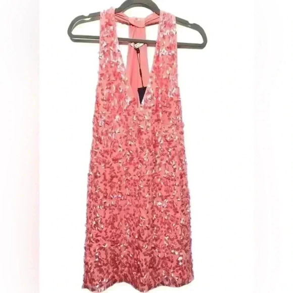Halston Heritage Mini Dress 8 Party Pink Sequin T Back Halter Silk Lined Short - Picture 3 of 4